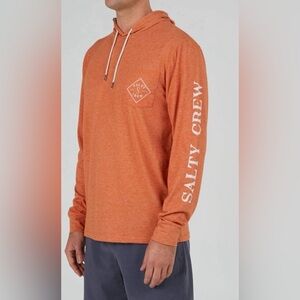 Salty Crew Tippet Pocket Hood Tech LS Tee Men's Rust Orange Pullover Size Medium